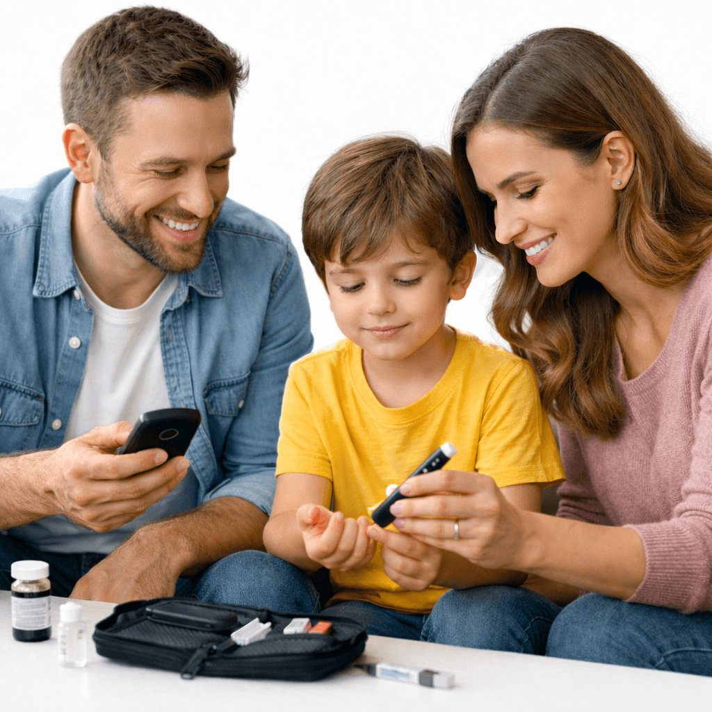 Família com criança usando lancetador e kit de monitoramento de glicose sobre a mesa