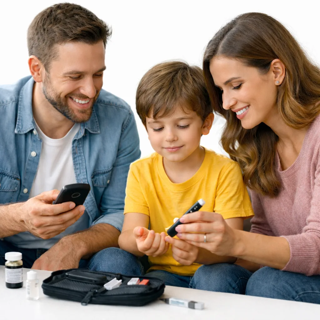 Família com criança usando lancetador e kit de monitoramento de glicose sobre a mesa