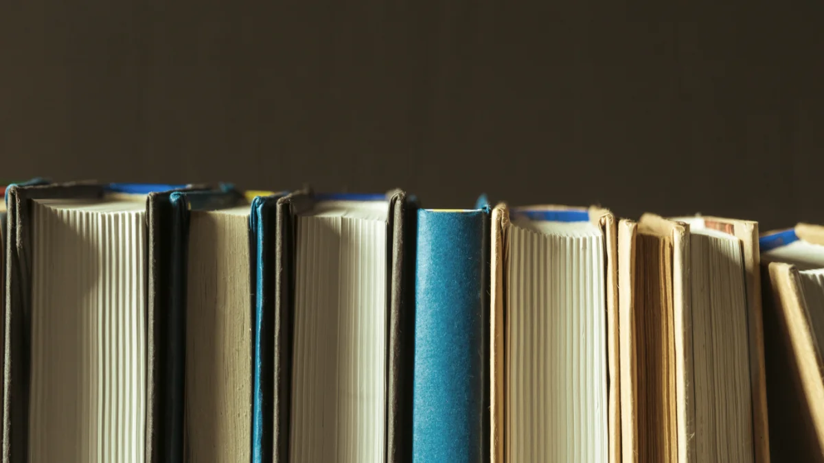 Livros de direito enfileirados sobre uma mesa de madeira