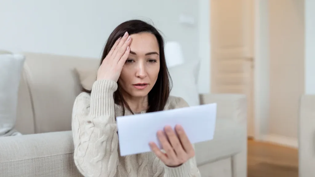 Mulher preocupada lendo uma carta em casa