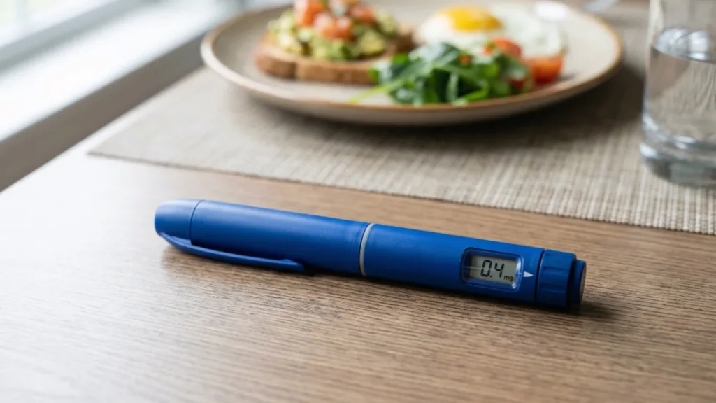Caneta de insulina ao lado de um prato de comida saudável, os dois pilares do tratamento do diabetes tipo 5